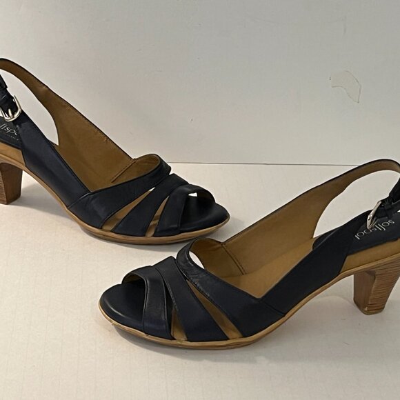 Softspots Strappy Slingback Leather Block Stack Heel Sandals Black Women's 9.5M - Picture 1 of 13